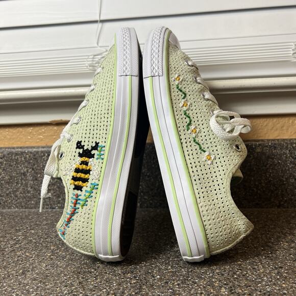 Converse All Star Low Women 8 Green Canvas Custom Cross-Stitched Sneaker Lace Up - Picture 5 of 11
